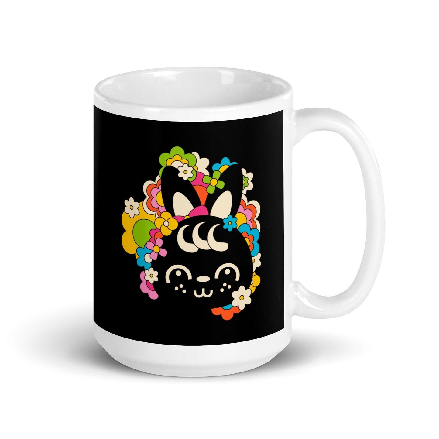 Mug - POPBUNNY black - Playful bunnies and flowers print 15 oz