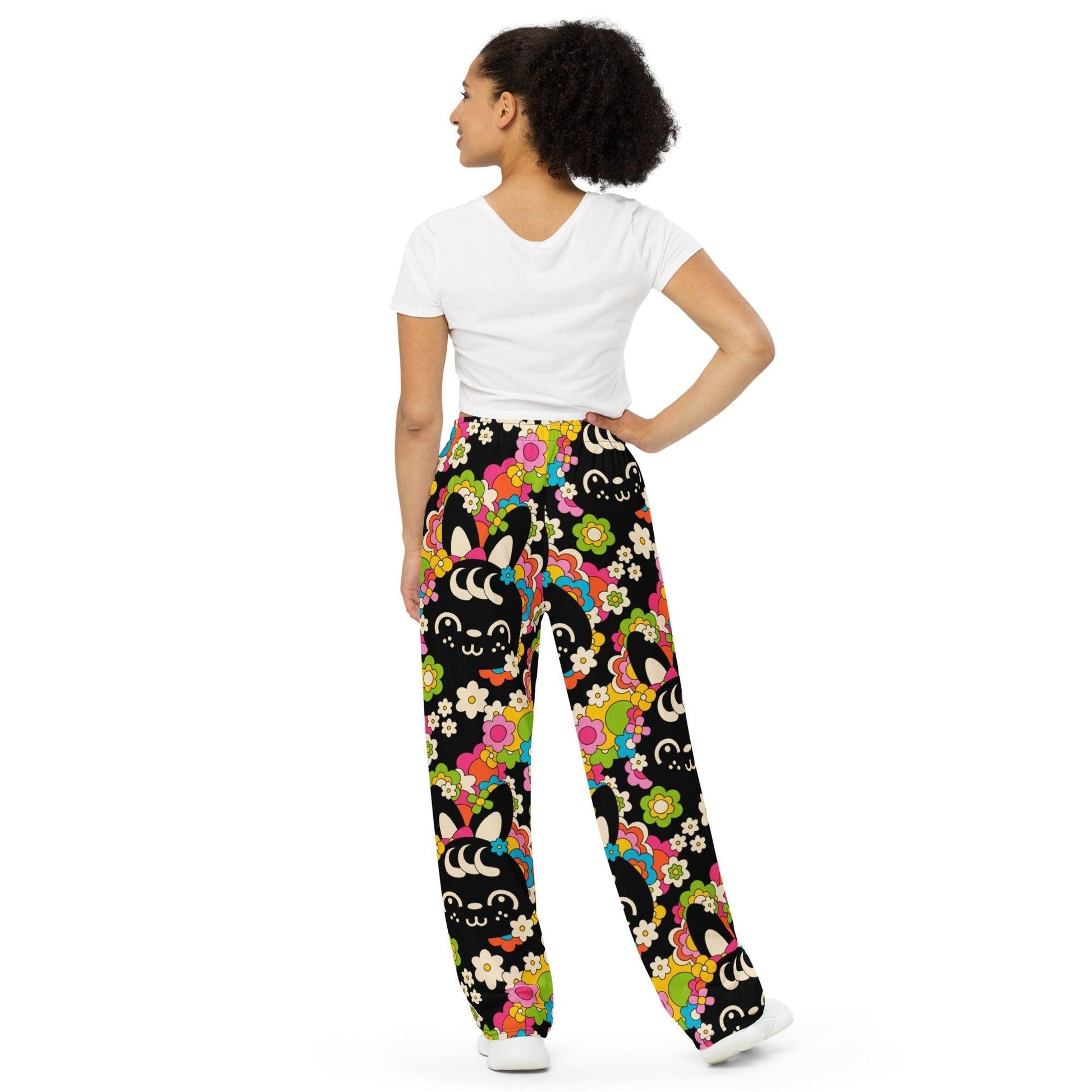 Pants - POPBUNNY black - Playful bunnies and flowers print