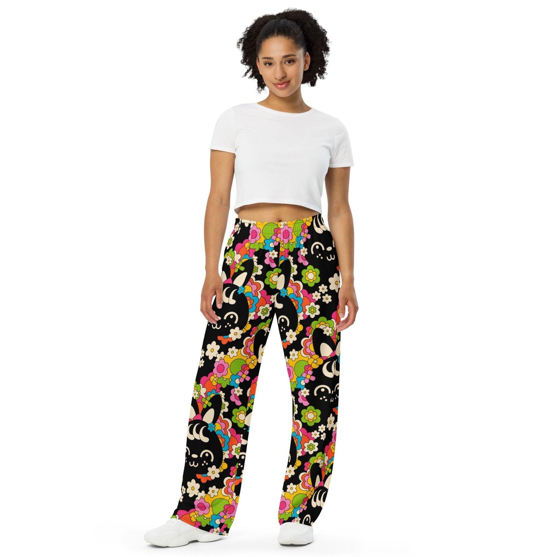 Pants - POPBUNNY black - Playful bunnies and flowers print 6XL