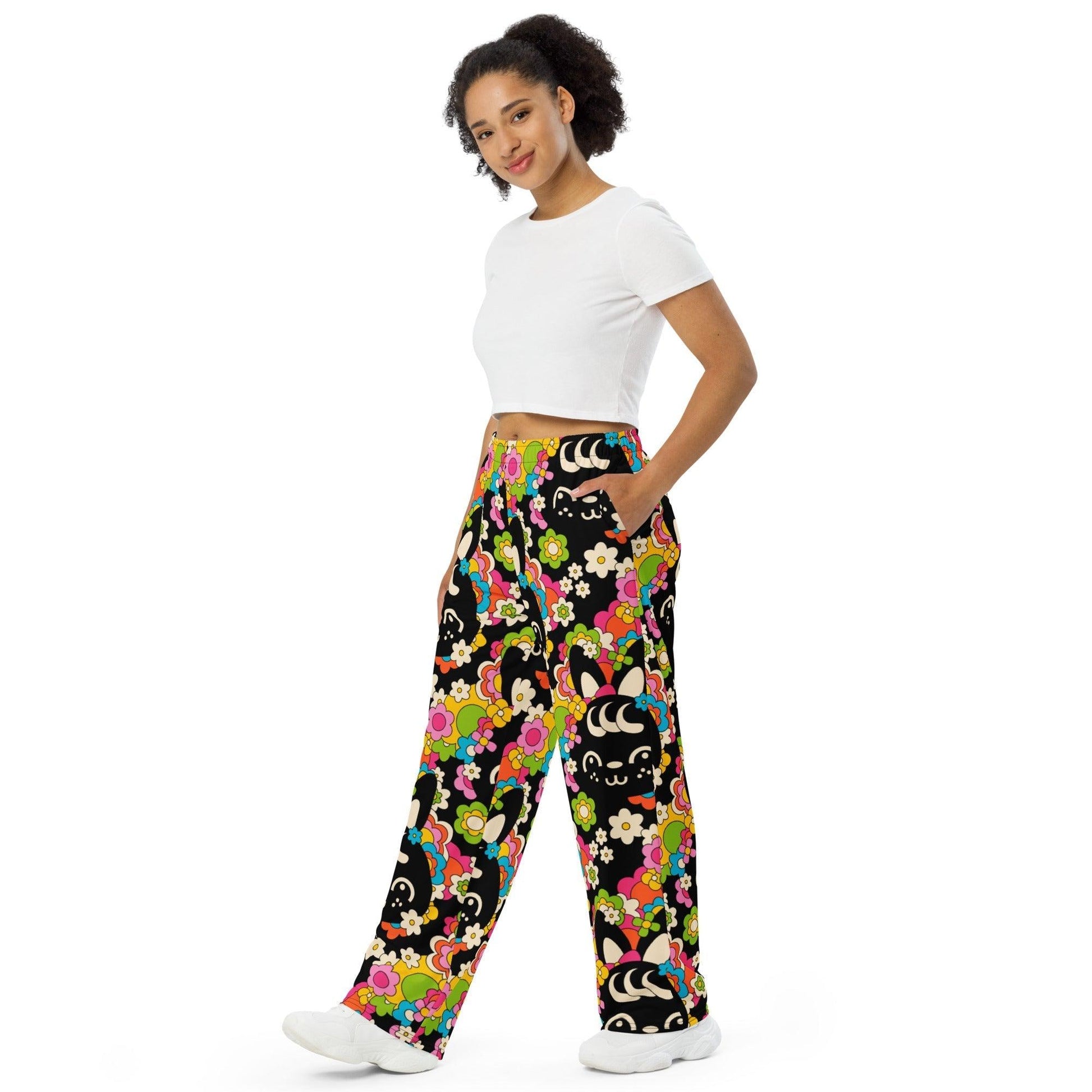Pants - POPBUNNY black - Playful bunnies and flowers print