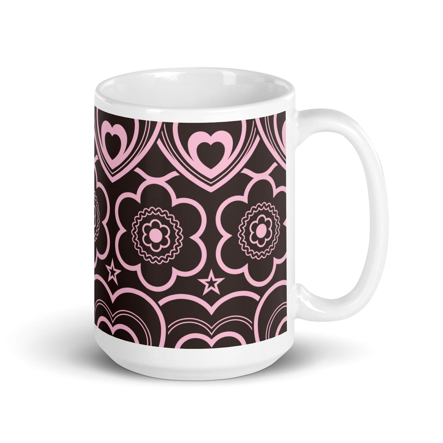 Mug - RAMONA pink brown - Simple hearts and flowers print 15 oz