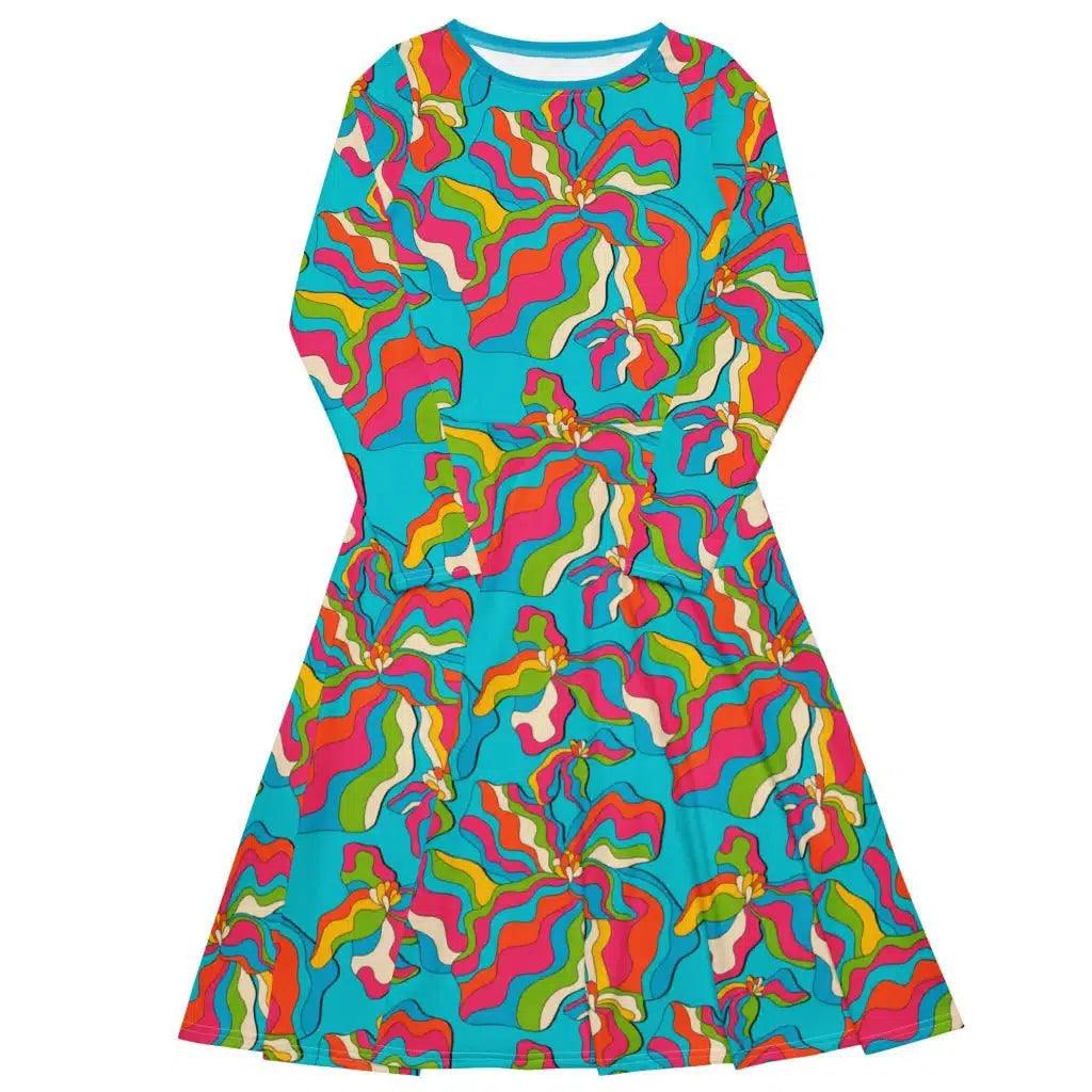 Midi dress - SASSY IRIS turquoise - Bold iris flower print