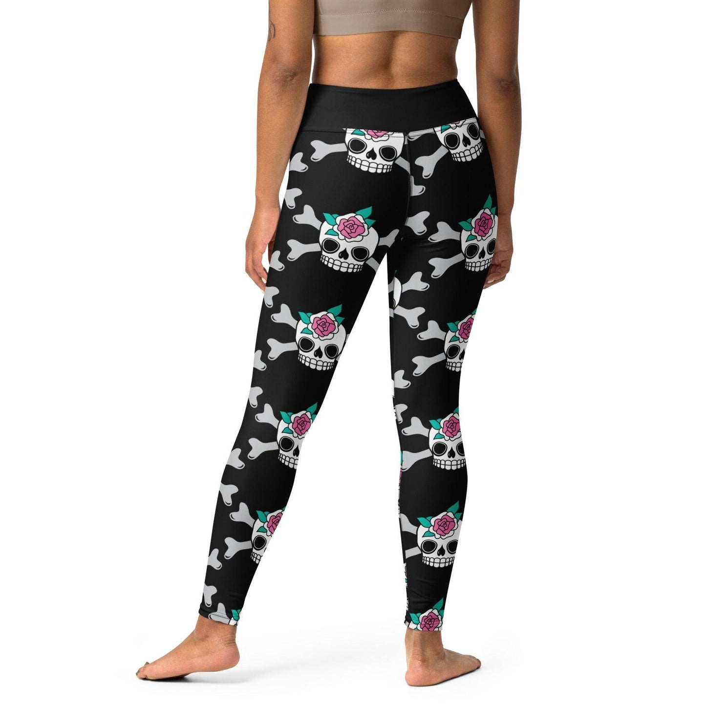 Yoga leggings -2- SKULLROSE black - Skulls and roses print