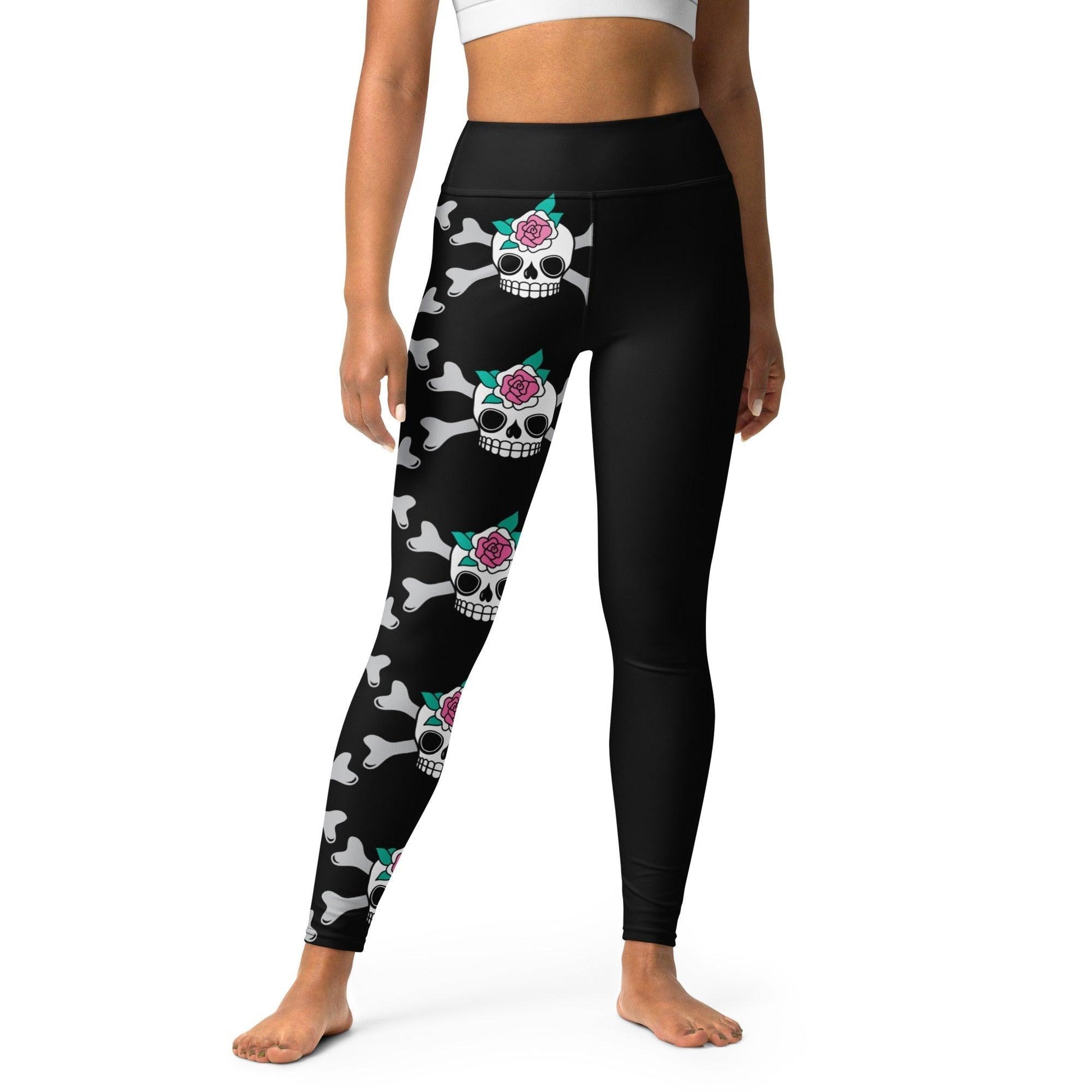 Yoga leggings - SKULLROSE black - Skulls and roses print XL
