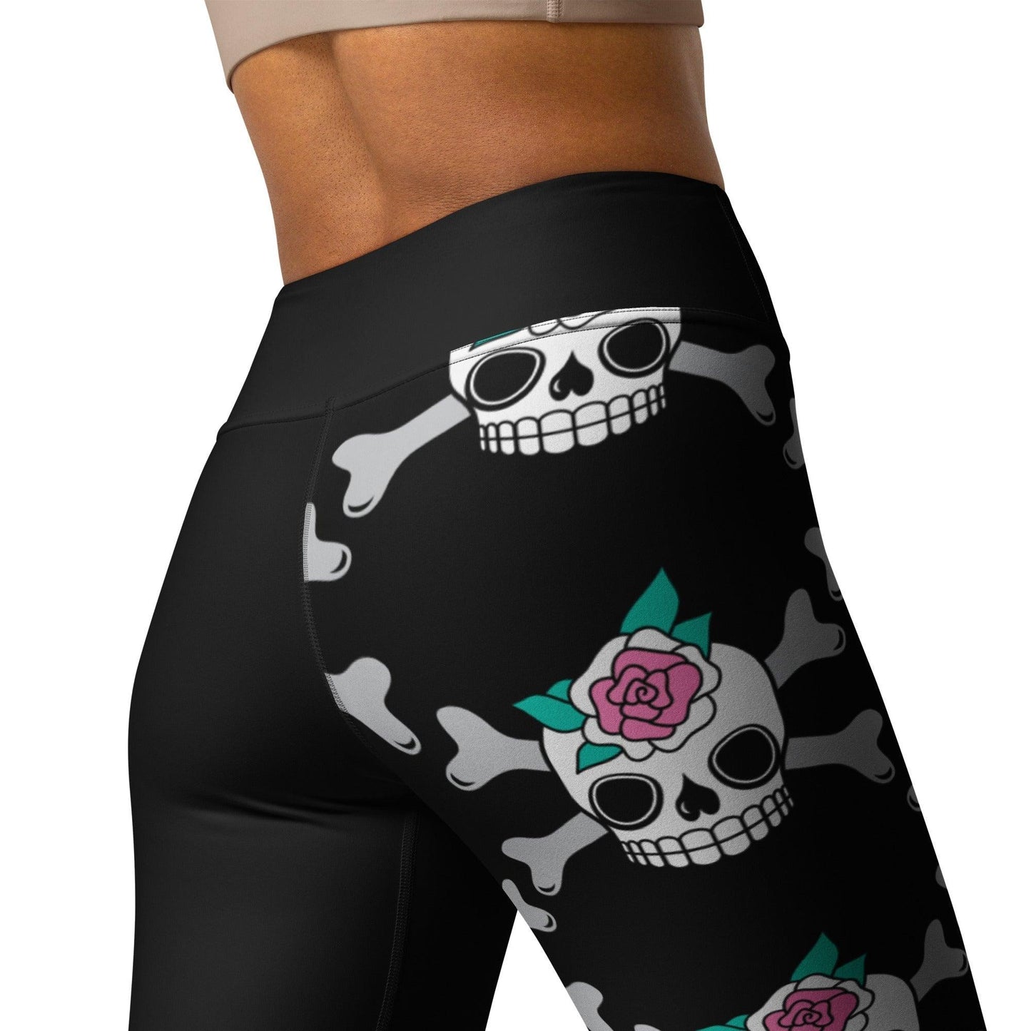 Yoga leggings - SKULLROSE black - Skulls and roses print