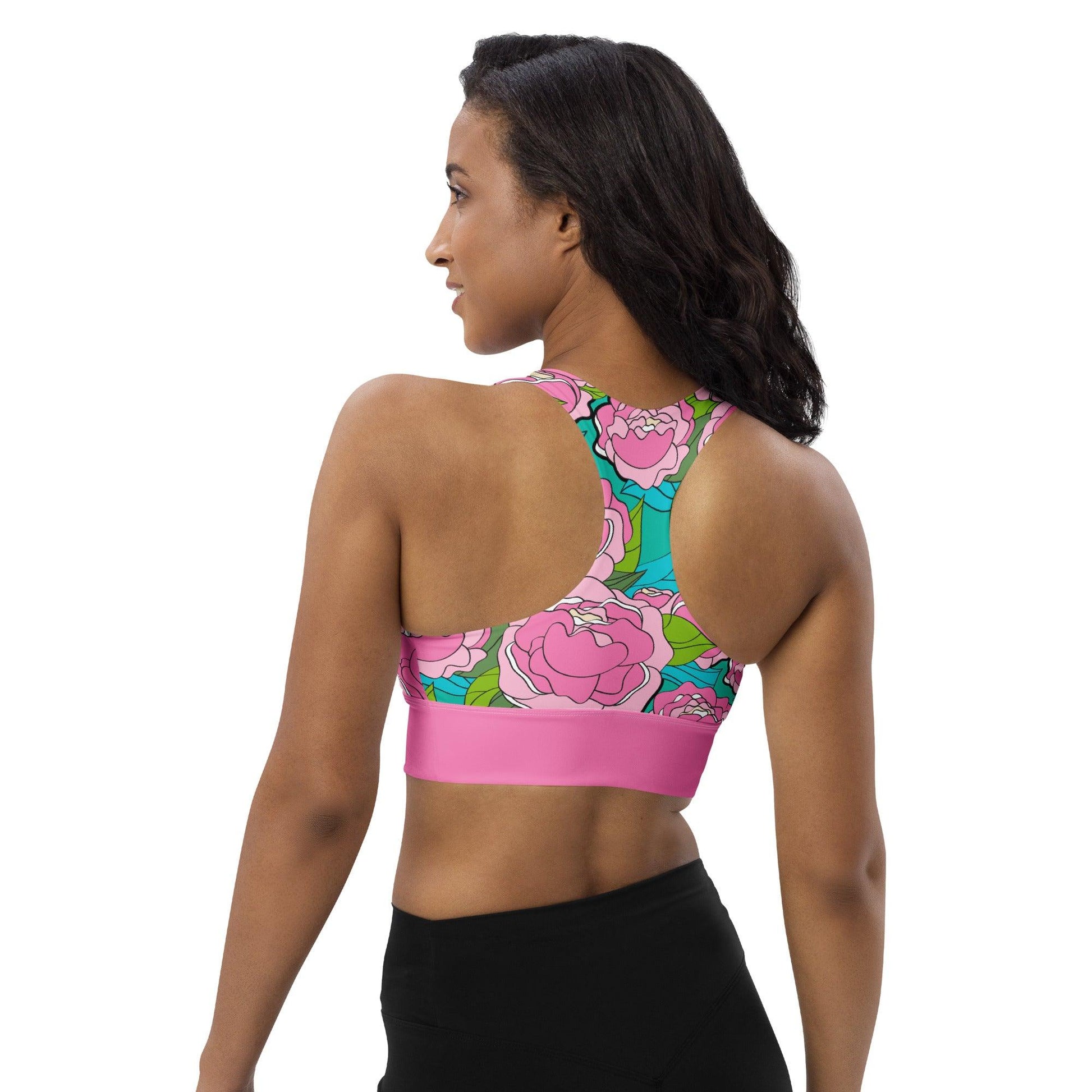 Sports Bra - BE MY ONLY pink turquoise - Bold Pink Peonies Print