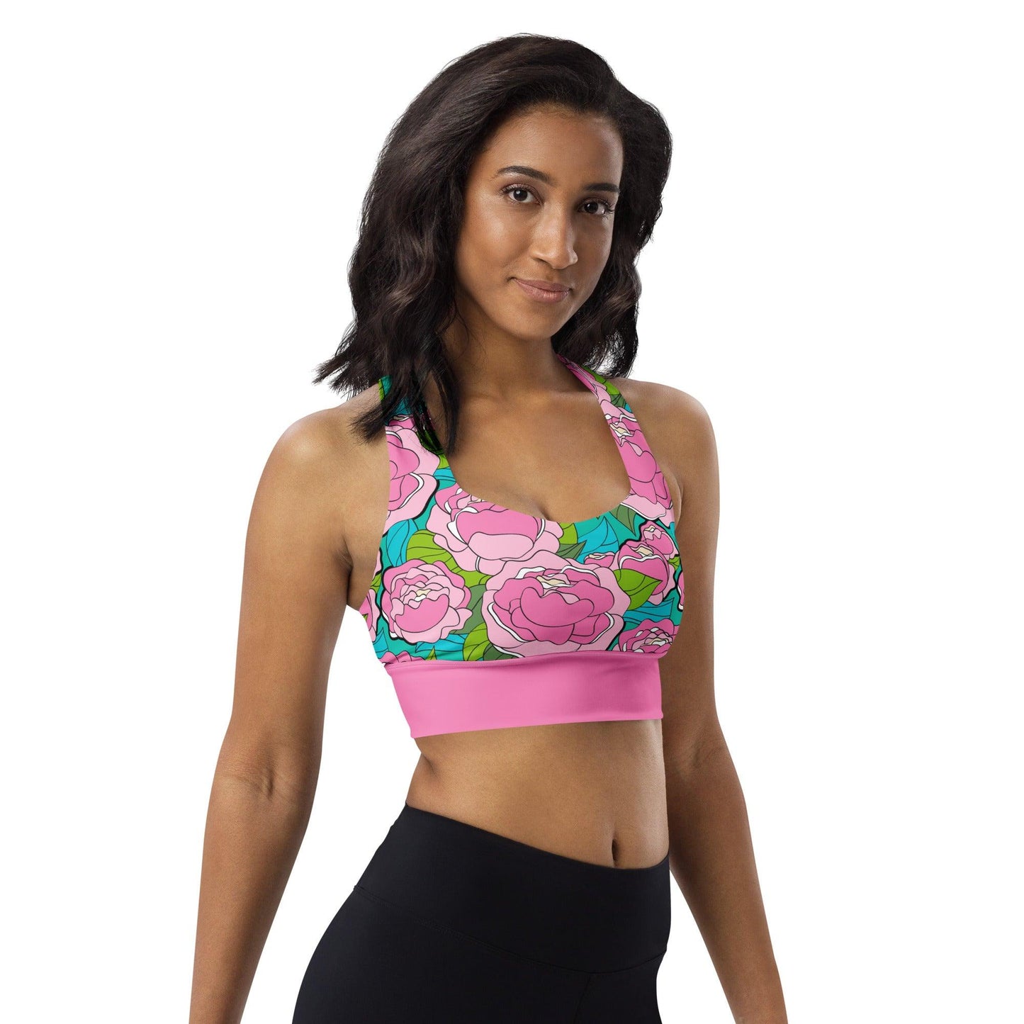 Sports Bra - BE MY ONLY pink turquoise - Bold Pink Peonies Print
