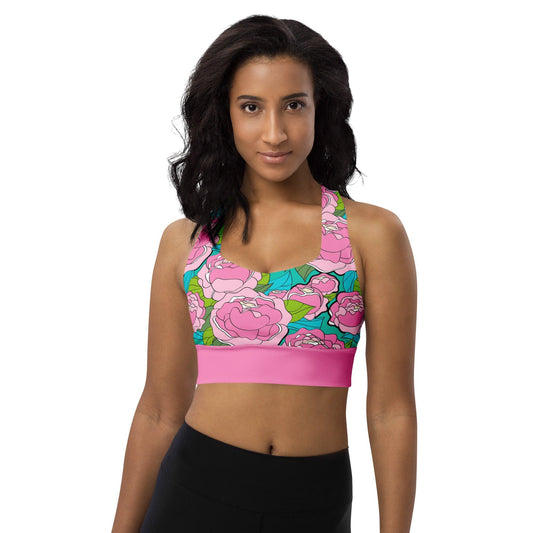 Sports Bra - BE MY ONLY pink turquoise - Bold Pink Peonies Print
