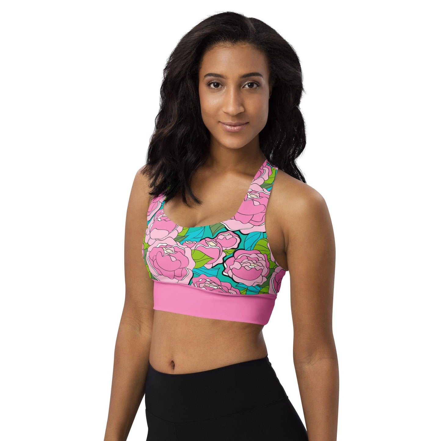 Sports Bra - BE MY ONLY pink turquoise - Bold Pink Peonies Print