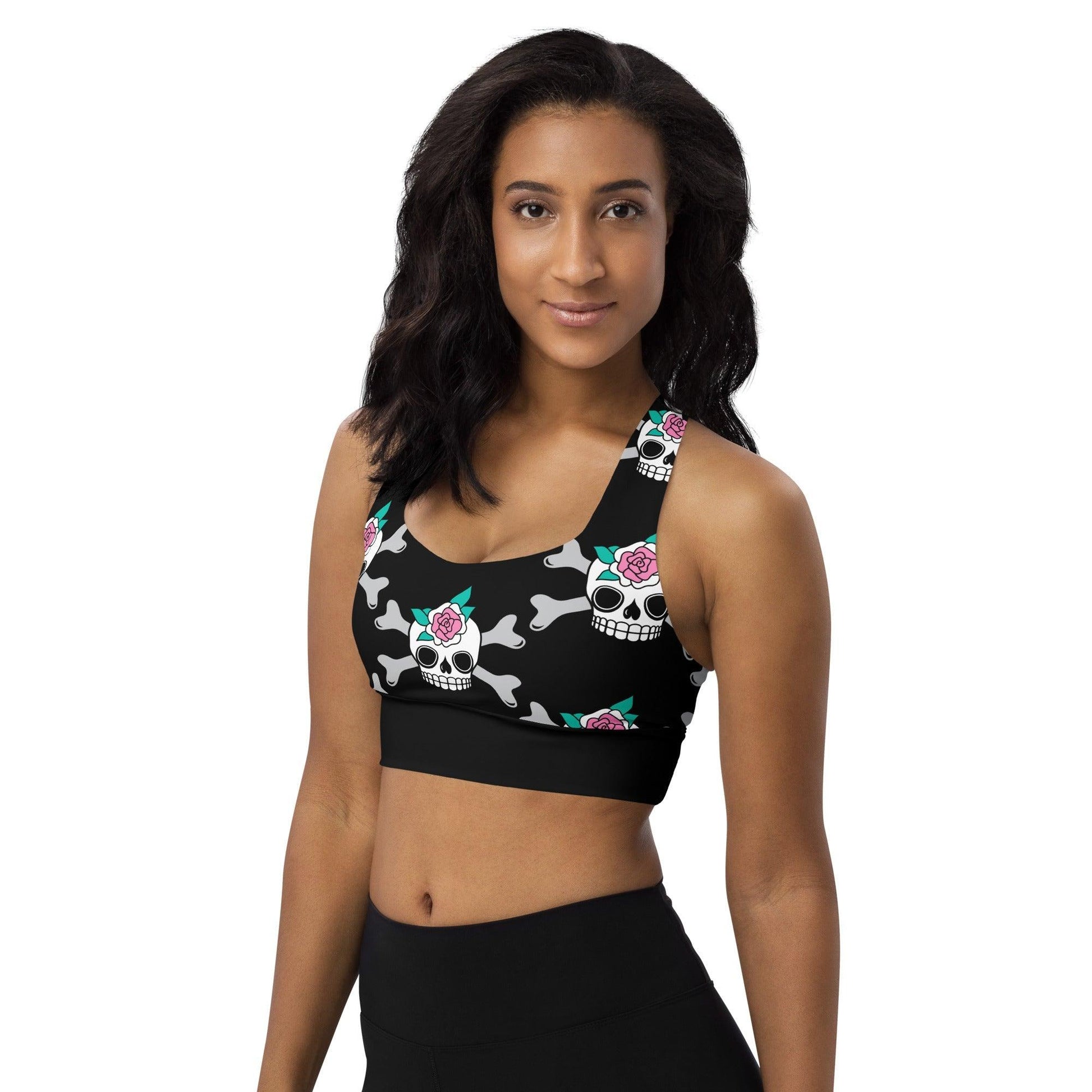 Sports bra - SKULLROSE black - Skulls and roses print