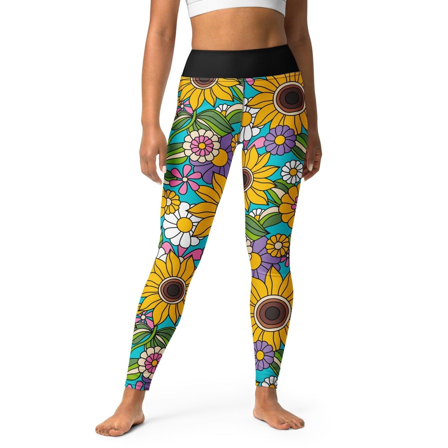 Yoga leggings -2- SUNDANCE turquoise - Bold sunflower print XL