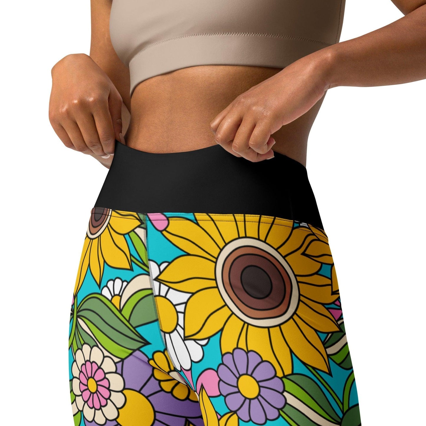 Yoga leggings -2- SUNDANCE turquoise - Bold sunflower print
