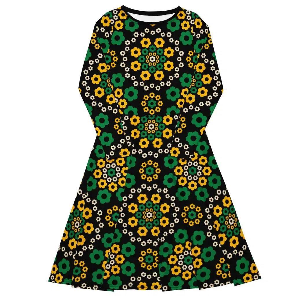 Midi dress - YESTERDAY yellow green - Graphic retro floral print